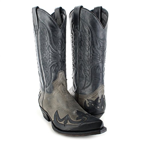 Santiags femme hautes noires et grises Sendra, Boots Western à bout pointu, talon de 3,5 cm