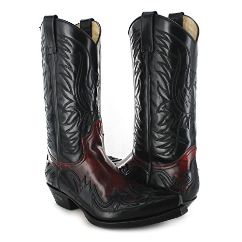 Santiags femme hautes noires et bordeaux Sendra, Boots Western à bout pointu, talon de 4,5 cm, brodées