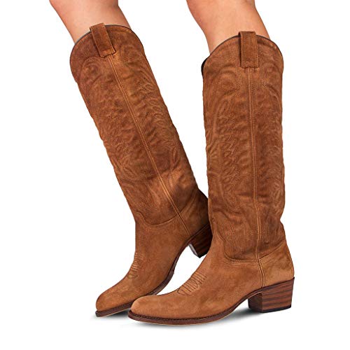 Santiags femme hautes marron cognac Sendra, Boots Western à bout rond en daim, à talon 