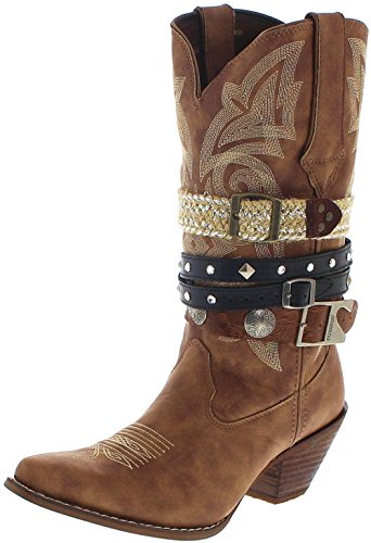 Santiags femme hautes marron FB Fashion Boots avec lanières fantaisie et broderies