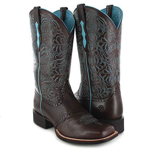 Santiags femme hautes marron et turquoise FB Fashion Boots à bout carré brodées fleurs