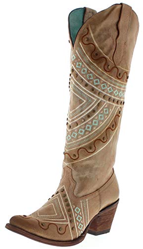 Santiags femme bicolores beige et turquoise FB Fashion Boots, talon 4 cm avec broderies et motifs géométriques