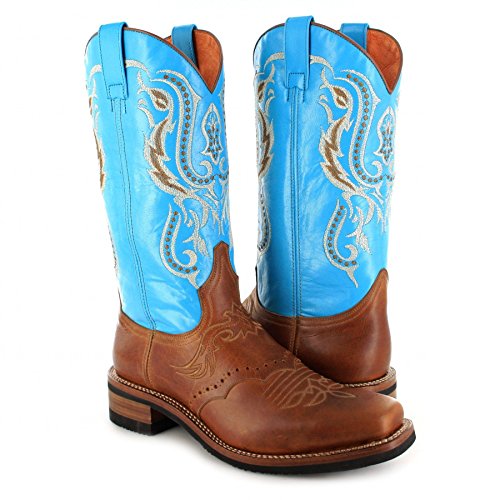 Santiags originales femme hautes bicolores Sendra en cuir brodé, talon 3,5 cm marron et bleu