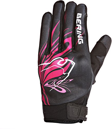 Gants femme Bering noirs et rose avec manchette courte et serrage velcro aux poignets, fabriqués en polyester et Amara, renfort paume et coque sur le dessus, dotés du Sensor System pour utiliser votre téléphone à écran tactile sans ôter vos gants.Homologués CE / EPI