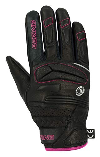 Gants moto femme courts Bering en cuir noir et fushia