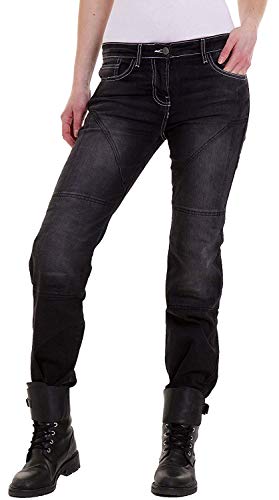 Jean moto femme renforcé brut délavé, protection Kevlar fesse, hanches, genoux, protections genoux amovibles fournies, confort et protection