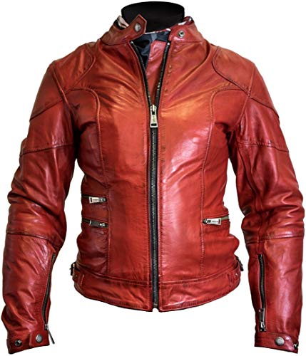 Veste moto en cuir rouge pour femme Helston avec protection